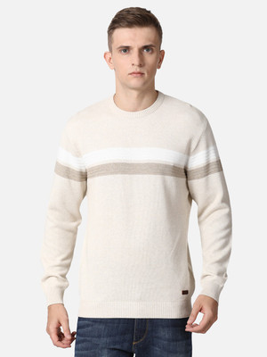 t-base Striped Round Neck Casual Men Beige Sweater