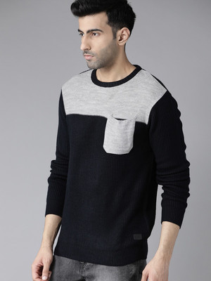Roadster Self Design Round Neck Casual Men Blue Sweater