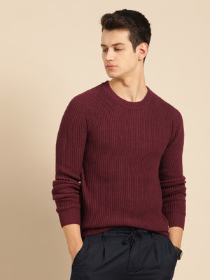 Mr Bowerbird Solid Round Neck Casual Men Maroon Sweater