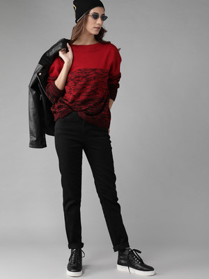 Roadster Self Design Round Neck Casual Women Maroon Sweater