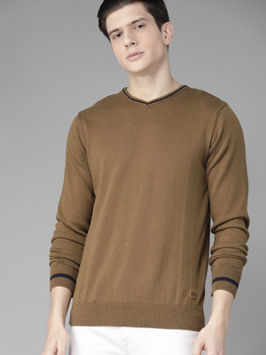 Roadster Solid V Neck Casual Men Brown Sweater