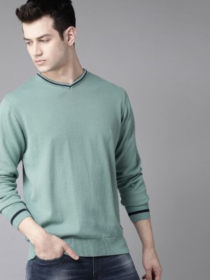 Roadster Solid V Neck Casual Men Green Sweater