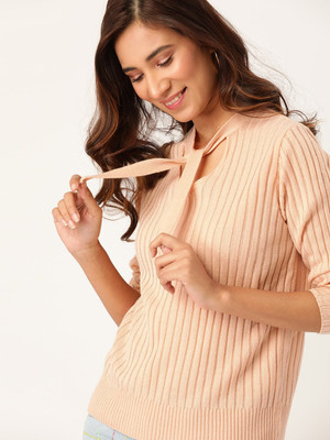 69% OFF on Dressberry Striped Round Neck Casual Women Pink Sweater