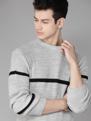 Roadster Woven Round Neck Casual Men Grey Sweater