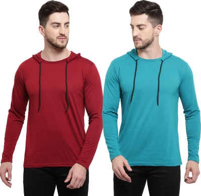 Adorbs Solid Men Hooded Neck Blue, Maroon T-Shirt