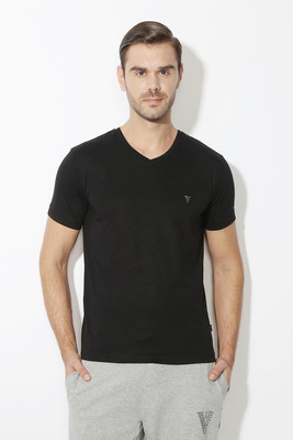 VAN HEUSEN Solid Men V Neck Black T-Shirt