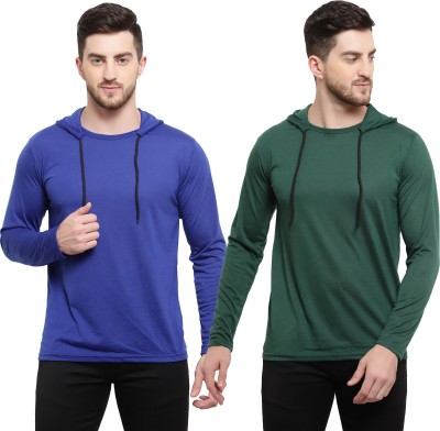 Adorbs Solid Men Hooded Neck Dark Green, Blue T-Shirt