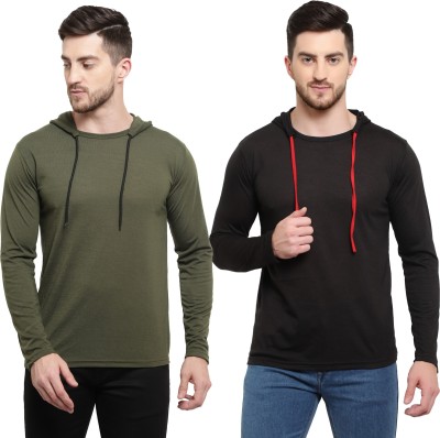 Adorbs Solid Men Hooded Neck Dark Green, Black T-Shirt