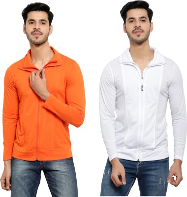 Bribzy Solid Men Polo Neck White, Orange T-Shirt