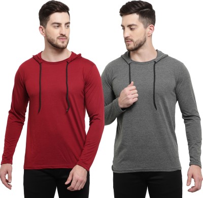 Adorbs Solid Men Hooded Neck Maroon, Grey T-Shirt