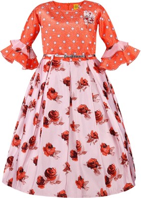 Wishkaro Girls Maxi/Full Length Party Dress(Orange, Full Sleeve)