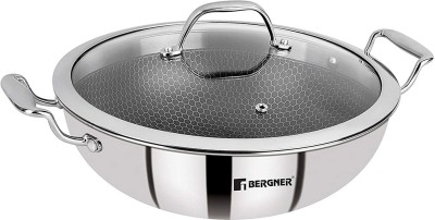 BERGNER Hitech Triply Stainless Steel Scratch Resistant Non Stick Kadhai With Glass Lid Wok Set with Lid 2.5 L capacity 24 cm diameter(Stainless Steel, Non-stick, Induction Bottom)