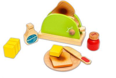 Hilife Tiny Tot Toaster Set Wooden Pop-Up Toaster Play Set 8 Pcs, Interactive Early Learning Toaster, Exclusive Plate, 2 Bread, Knife, Mayonnaise, Jam Jar and Sliceable Butter