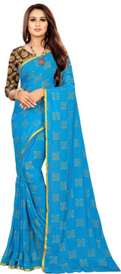 V And V Shop Printed Bollywood Chiffon Saree(Light Blue)