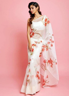 Kimisha Printed Bollywood Organza Saree(White)
