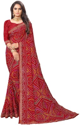 Kanooda Prints Checkered Bandhani Georgette Saree(Maroon)