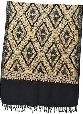 SUMEDH handcrafts Acrylic Embroidered Women Shawl(Black, Gold)