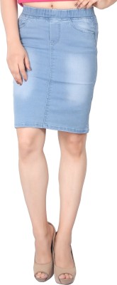 FCK-3 Solid Women Pencil Light Blue Skirt