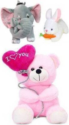 Dteddy Combo of 3 cute and soft mother elephant, rabbit and pink balloon teddy - 30 cm (White, Pink, gray)  - 25 cm(Grey, White, Pink)
