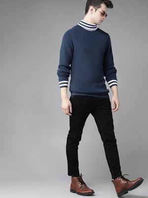 Roadster Solid Turtle Neck Casual Men Blue, White Sweater