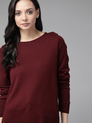 Roadster Solid Round Neck Casual Women Maroon Sweater