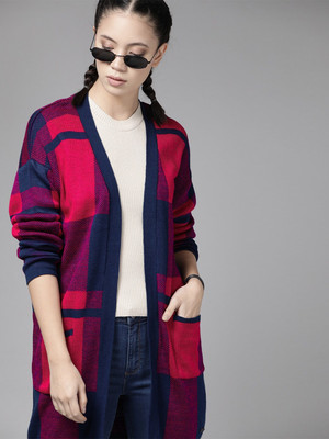 Roadster Checkered V Neck Casual Women Blue, Pink Sweater
