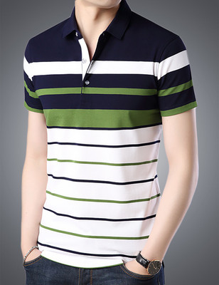 Seven Rocks Striped Men Polo Neck White T-Shirt