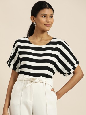 her by invictus Casual Short Sleeve Striped Women Black Top