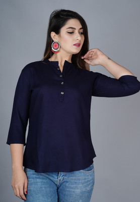 Brijam Casual 3/4 Sleeve Solid Women Dark Blue Top