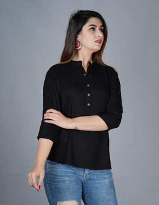Brijam Casual 3/4 Sleeve Solid Women Black Top
