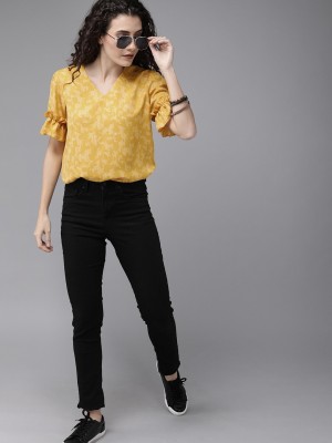 Roadster Casual Short Sleeve Printed Women Yellow Top