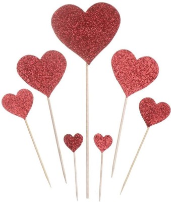 Festiko Heart Shaped Red Glitter Cake Topper(Red Pack of 7)