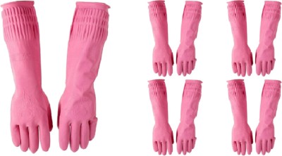 RBGIIT 5 PAIR Pink Koren Designer Make In Indian For Special Women Girls Lovely Coloured Gloves Rubber Reusable Long Sleeve Latex Natural Rubber Hand Protective Sanitation Household Gloves Latex Natural Rubber Pink Gloves Inner White Floded Koren Designer Collection Good Quality Kitchen Washing,Home