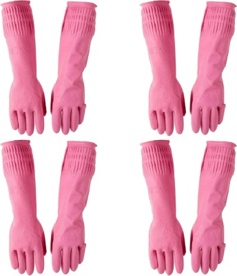 RBGIIT 4 PAIR Pink Koren Designer Make In Indian For Special Women Girls Lovely Coloured Gloves Rubber Reusable Long Sleeve Latex Natural Rubber Hand Protective Sanitation Household Gloves Latex Natural Rubber Pink Gloves Inner White Floded Koren Designer Collection Good Quality Kitchen Washing,Home