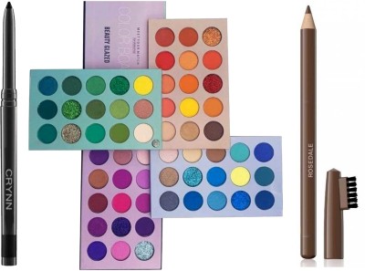 Crynn Smudge Proof Essential Makeup HD16 Rosedale Beauty Kajal & Beauty Glazed 60 Colors Matte & Shimmer High Pigmented Color Board Blendable Eyeshadow & Ultra 36H Deep Brown Eyebrow Pencil(3 Items in the set)