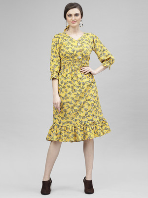 KASSUALLY Women Fit and Flare Yellow Midi/Calf Length Dress