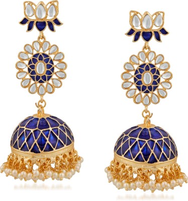 Stefan Ethnic White Kundan Lotus Flower Shaped Blue Meenakari Work Dangler Jhumki Earring Crystal Alloy Jhumki Earring