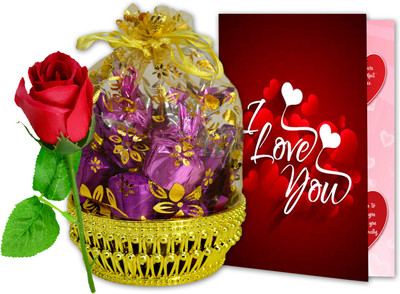 Midiron Chocolate in Beautiful Basket With I Love You Greeting Card, Red Rose for Valentine’s Day Plastic Gift Box(Gold)