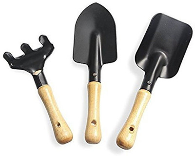 Urancia 3Pcs Mini Hand Garden Tool Set Plant Gardening Shovel Spade Rake Trowel Wood Handle Metal Head One Piece Garden Tool Kit(3 Tools)