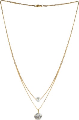 brado jewellery Stylish American Diamond and White Pearl 2 Layer Necklace Golden Satari Chain Pendant for Women and Girls Diamond Gold-plated Plated Brass Chain