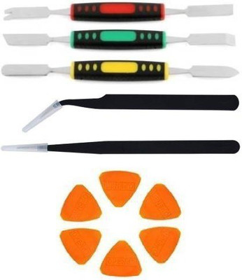 ARONET Set of 2 black coated Stainless Steel Esd Tweezers - Straight & Curved with Dual tipped stainless steel rubber gripped spudger pry tool & plastic openers for every repair situation, compatible with almost all mobile cell phones, laptops and gadgets for opening / repairing Hand Tool Kit(11 Too