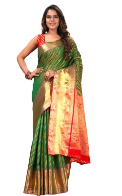 Aksharam Woven Banarasi Silk Blend Saree(Green)