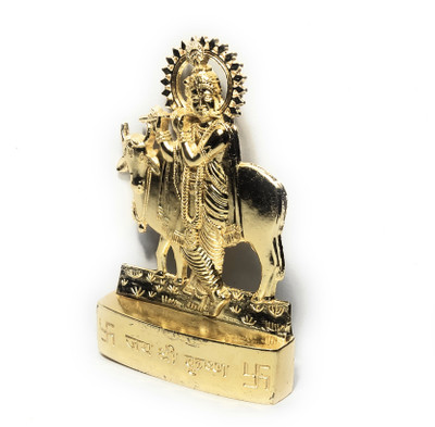 amishi blissful decor Handicraft Small Metal Gold Plated Krishna With Cow Statues for Car Dashboard Mandir Pooja Murti Temple Puja Home Decor Office Showpiece Decorative Showpiece  -  12 cm(Cast Iron, Gold)