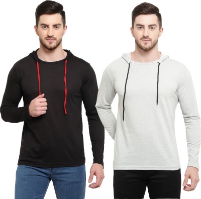 Adorbs Solid Men Hooded Neck Black, Grey T-Shirt