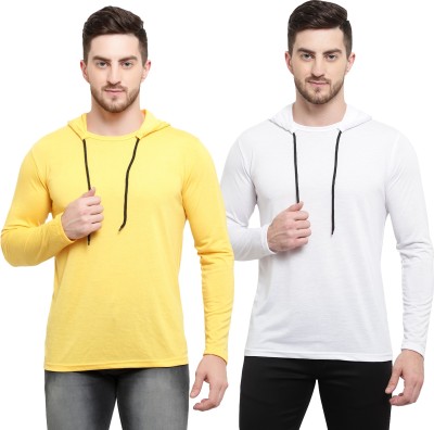 Adorbs Solid Men Hooded Neck White, Yellow T-Shirt