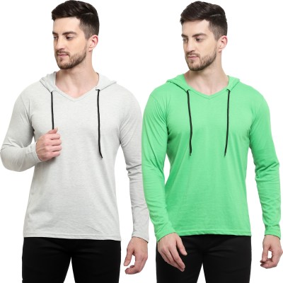 Adorbs Solid Men Hooded Neck Grey, Light Green T-Shirt