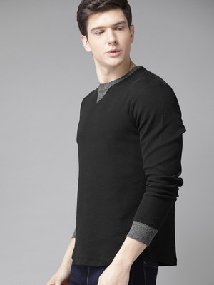 Roadster Self Design Men Round Neck Black T-Shirt