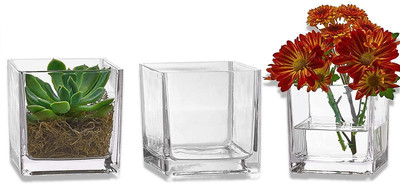 DESHILP OVERSEAS Deshilp Overseas Glass Square Vases 4x4 Inch Set Of 3– Clear Cube Shape Flower Vase, Candle Holders - Home Decoration Glass Vase(4 inch, Clear)