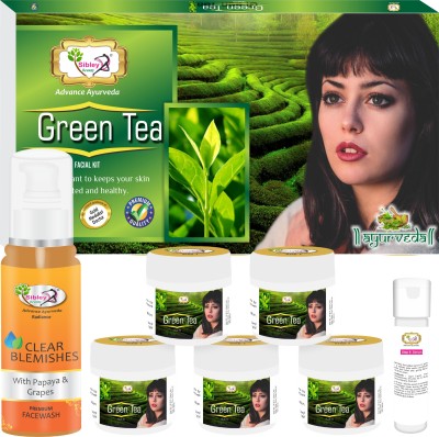 Sibley Beauty Facial Kit Combo of Green Tea Anti Ageing Facial Kit ( 155 gm + 10 ml) Pack of 6 + Papaya Anti Blemish Pigmentation Face Wash (1 x 120 ml) - Skin brightening Instant Glow Skin Whitening Facial Kit for Men Women Boys Girls Oily Normal Dry Combination Skin.(7 Items in the set)