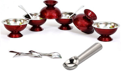 Dynore Pack of 13 Stainless Steel Set of 13- 6 Maroon Ice Cream Cups With 6 Ice Cream Spoon and 1 Scoop(Maroon, Cup Set)